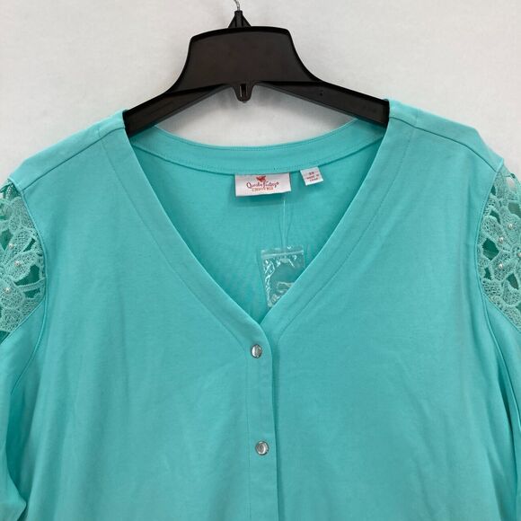 Quacker Factory Lace Sleeve Blouse Button Up V Neck Blue‎ Knit Boho Women's 3X - Picture 2 of 16
